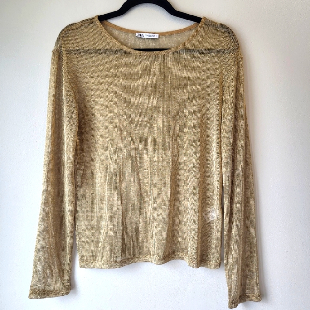 Zara Gold Metallic Mesh Knit Long Sleeve  Festival Feminine Shirt